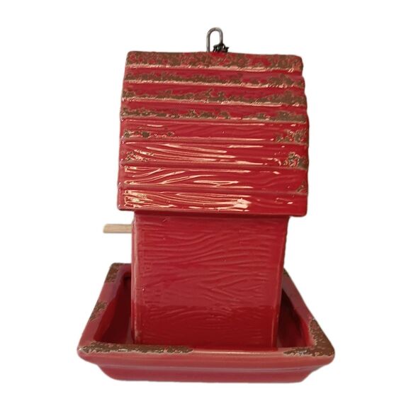 Ceramic Red Barn Bird Feeder With Hanging Chain & Perch Stick 8 "x 6" x 6" - Picture 4 of 14
